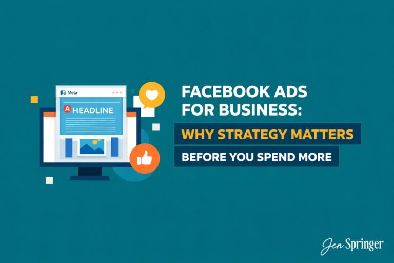 image featuring social icons and a computer with text that reads facebook ads for business: why strategy matters before you spend more by Jen Springer